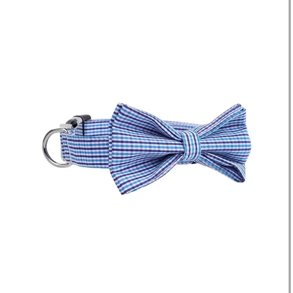 Blue Checkered Grid Dog Collar and Detachable Bow Tie Set - Adjustable - Large